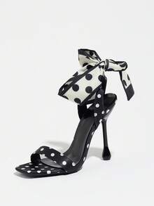 Giày sandal nữ màu đen satin chấm bi, quai nơ, gót vuông, mũi nhọn, quai ngang mắt cá chân, giày cao gót thanh lịch, dép da PU mềm mại, thích hợp cho hẹn hò, tiệc tùng, tụ họp, phong cách thời trang ngọt ngào sang trọng, sandal cao gót mỏng, sandal cao gót nữ thanh lịch, sandal cao gót màu đen. - màu đen - Xem 6