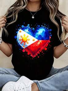 Camiseta de cuello redondo con diseño de corazón y la bandera de Filipinas para atuendos casuales y deportivos - Estilo callejero vintage, unisex, de algodón, manga corta, 100% algodón. - Negro - Ver 7