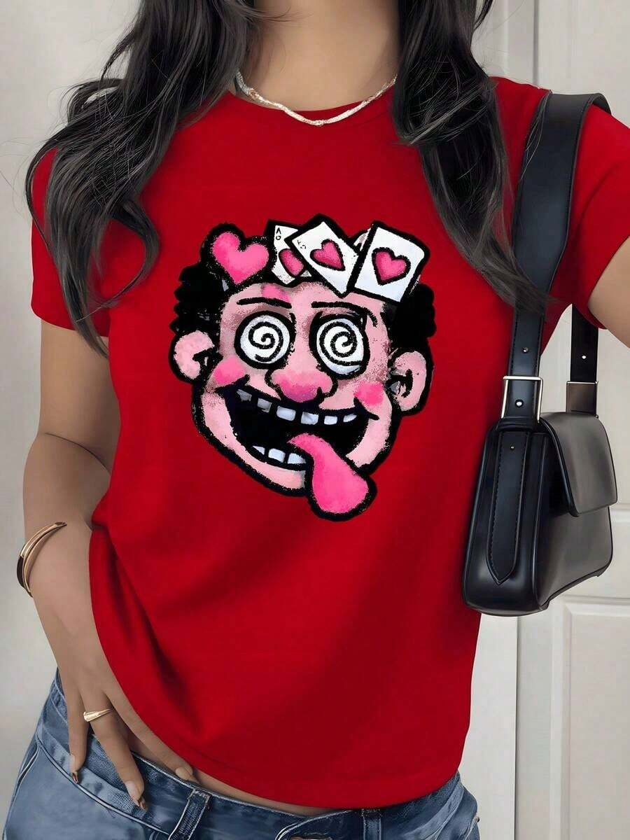 Cartoon Sheep Graphic Print T-Shirt, 180g, 1 Piece, Funny Animal Theme, Women's 100% Cotton Casual T-Shirt, Short Sleeve, Summer Clothes - 紅色 - 查看 1