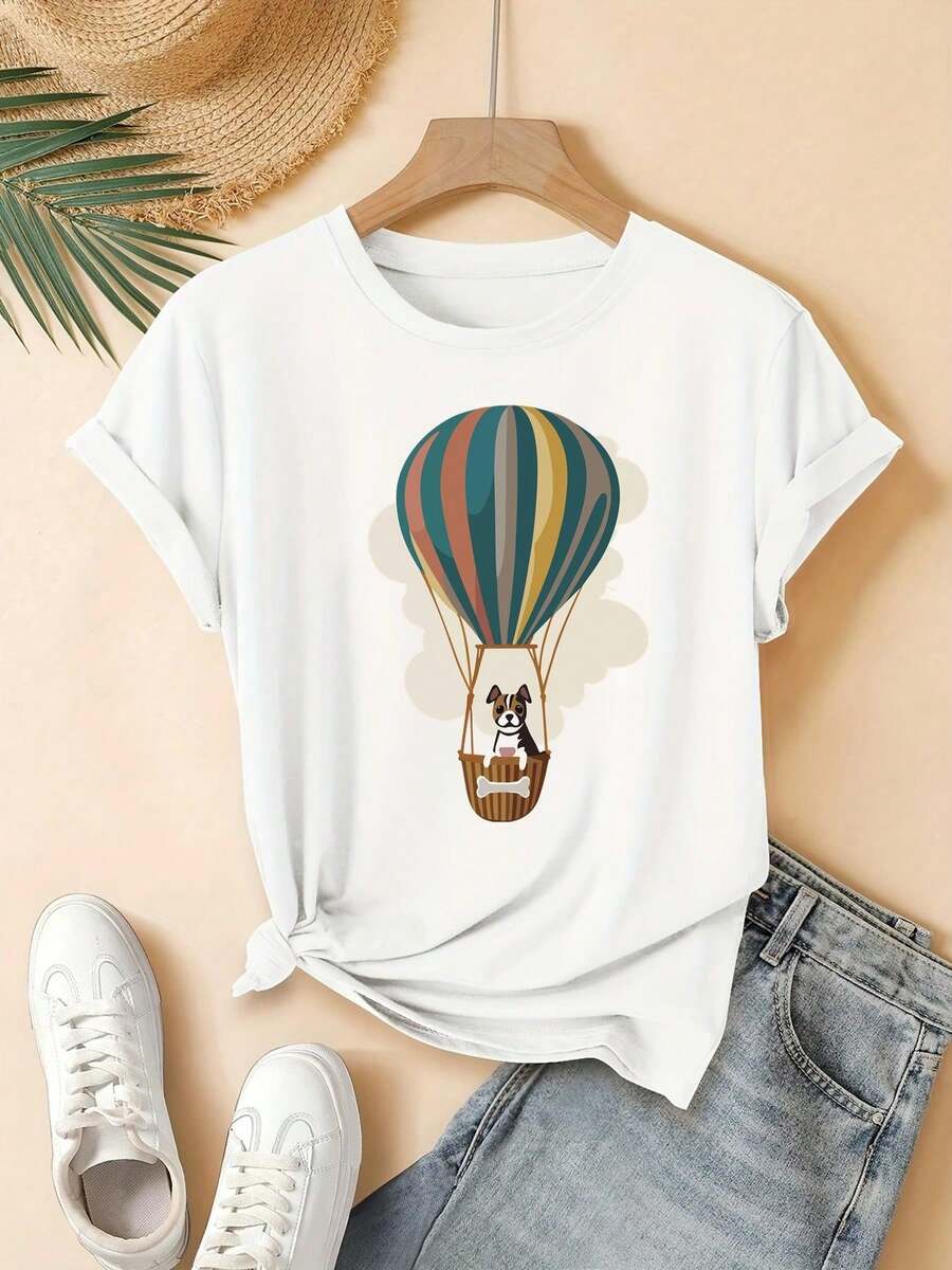 Camiseta de mujer, nuevo estilo de verano, camiseta con estampado de nubes de globo aerostático, hermosa, elegante, a la moda, informal, ropa de estilo coreano, camiseta para primavera y verano. - Blanco - Ver 1
