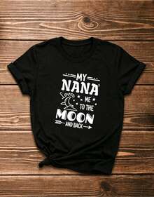 Artículo de moda: Camiseta conjunto de 3 piezas, de camisetas de manga suitable for streetwear, Top oversized cuello redondo daily outings, camping, concerts, hip-hop, rock, and rap events casual de manga corta para mujer con el estampado "Mi abuela me ama hasta la luna y de vuelta", camiseta de manga corta con cuello redondo para mujer, top deportivo casual transpirable de algodón puro, regalo para las fiestas, camiseta de primavera con diseño de mariposa para Pascua. - Negro - Ver 2