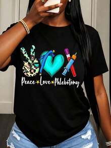 Camiseta de Mujer con Estampado Gráfico de Paz, Amor y Flebotomía, con Diseño de Símbolo de Paz, Corazón y Jeringa, para Uso Casual en Primavera y Verano - Negro - Ver 6