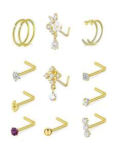 48pcs 20G L-Shaped Dangle Nose Rings Nose Studs Nose Jewelry Suitable For Women And Men (Gold) - Gold - View 4