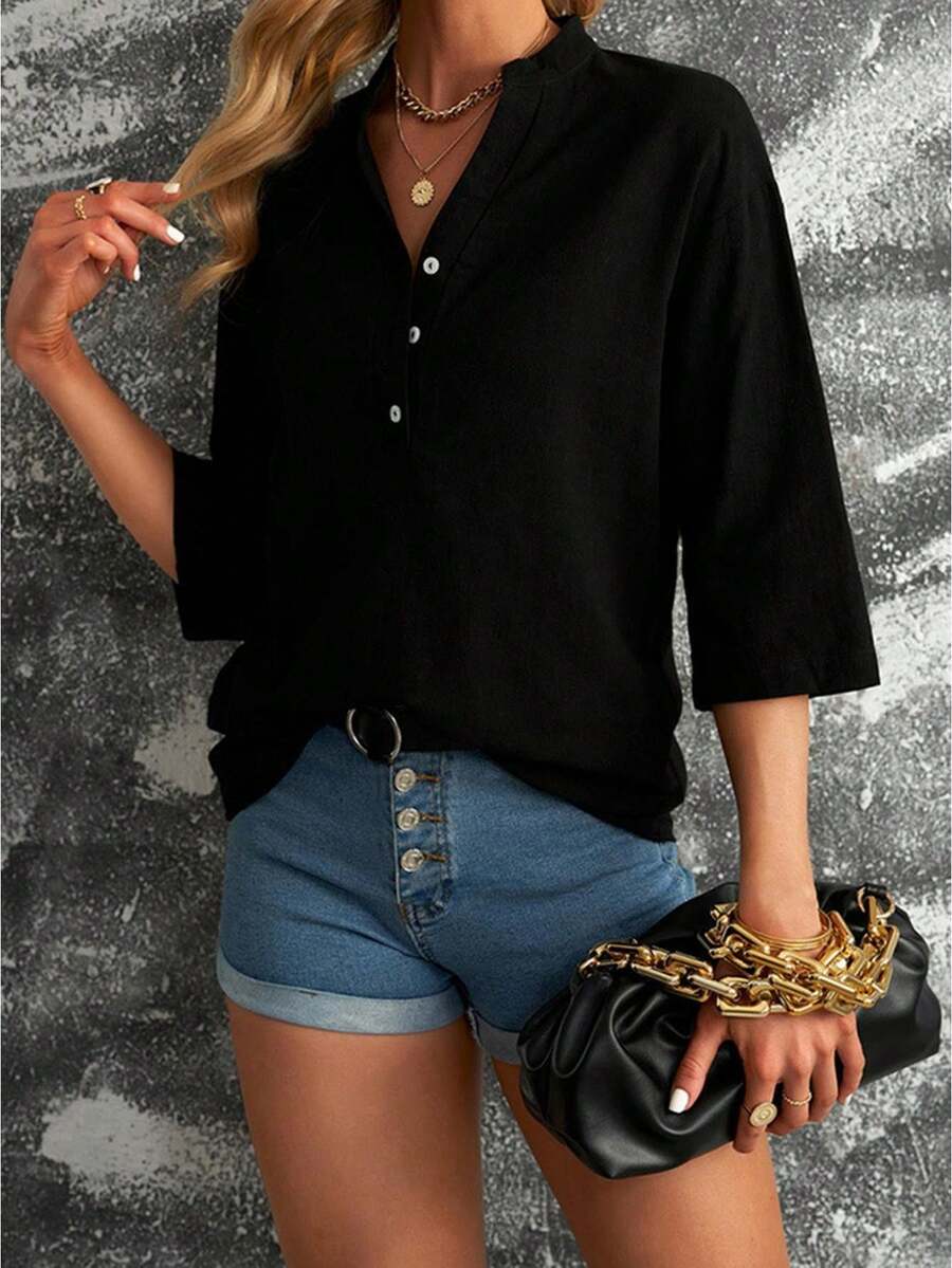 Women Solid Color Shirts Elbow Sleeve Buttons Stand Collar Blouses Summer Loose Casual Tops Streetwear - Negro - Ver 1
