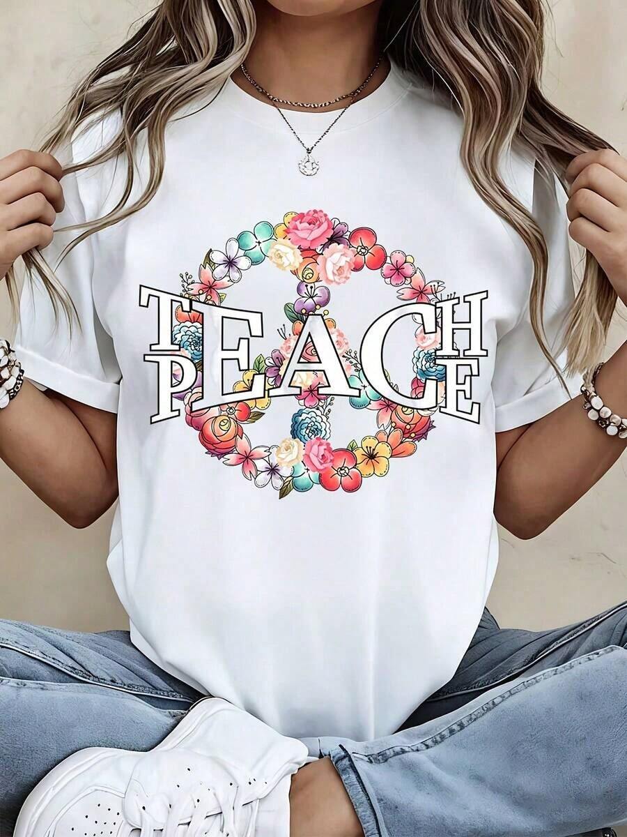 Camiseta con Diseño Floral del Símbolo de la Paz y Texto de Paz para Atuendos Casuales y Deportivos - Estilo Urbano Vintage Unisex, Camiseta de Manga Corta de Algodón 100% con Cuello Redondo - Blanco - Ver 1