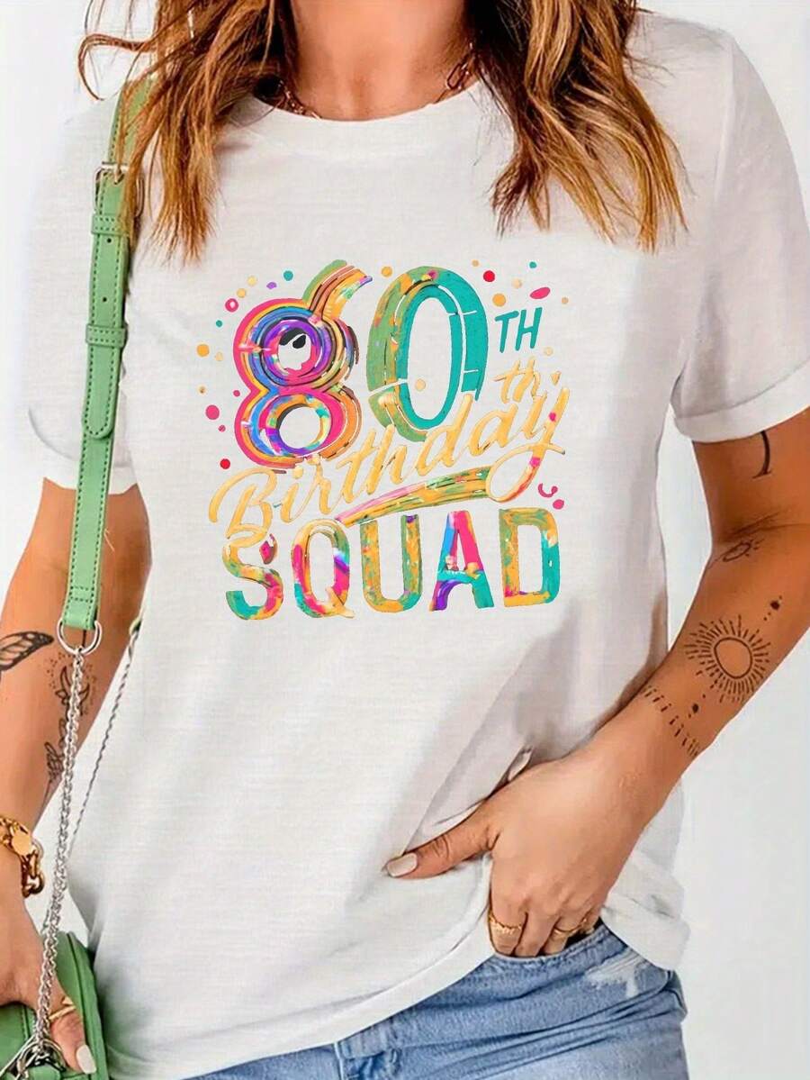 Playeras de Mujer de Algodón Oversize Moda 2026 con Estampado de 80º Cumpleaños, Camiseta de Cuello Redondo, Top Casual de Manga Corta para Primavera/Verano, Camiseta de Manga Corta Cómoda y - Blanco - Ver 1