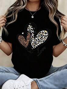 Camiseta con Estampado de Corazón de Leopardo y Texto de Amor, Estilo Casual Deportivo para Mujer - Estilo Urbano Vintage, Unisex, Holgada, de Algodón, Manga Corta, Cuello Redondo, 100% Algodón - Negro - Ver 12