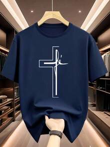 Camiseta de Secado Rápido con Gráfico de Cruz Audaz, Tela Suave y Transpirable, Ajuste Regular, Camiseta Casual Cristiana en  Elegante, -Top Unisex para VeranoPure-Cotton - Azul - Ver 1