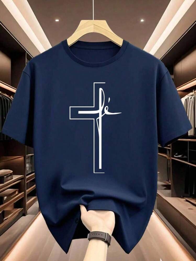 Quick-Drying T-Shirt With Bold Cross Graphic, Soft And Breathable Fabric, Regular Fit, Stylish Christian Casual T-Shirt - Unisex Summer Top - Pure-Cotton - 藍色 - 查看 1