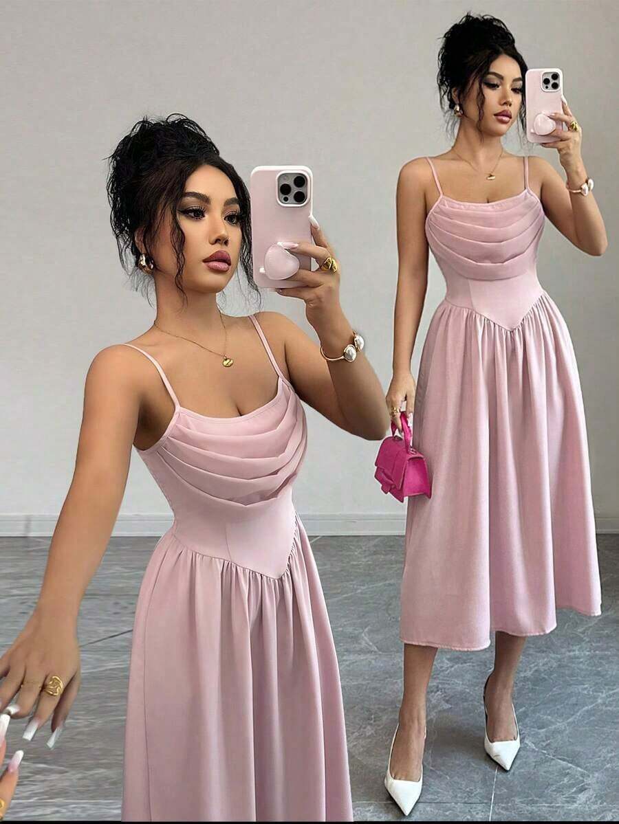 Nuevo vestido de fiesta elegante y romántico de longitud media para mujer, con cuello drapeado, sin mangas y cintura ceñida - Rosa vieja - Ver 1