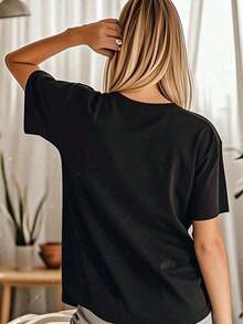 1 pieza 180g Camiseta de algodón puro de 180g de manga corta con cuello redondo impresa de un solo lado, camiseta casual de cuello redondo impresa con 'Best Friend Life', top de tela de punto de verano de manga corta, versión regular - ligera elasticidad, patrón de letras unisex, suave y amigable con la piel 180g 100% algodón - Negro - Ver 4