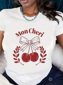 Mon Cheri Vintage Cotton T-Shirt With Cherry, Bow And Leaf Print, Plus Size, Round Neck, Short Sleeve For Women, Casual Design, Loungewear And Sportswear, Comfortable, Breathable, 100% Cotton, 220g, For Everyday Use - 白色 - 查看 7