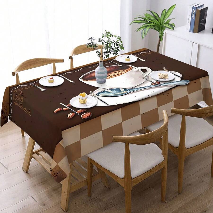 1pc, Home Decor, Coffee Pattern Printed Tablecloth, Rectangular, Machine Woven, Suitable For Home Kitchen Dining Room, Party Dinner, Picnic Camping, Date, Wedding, Theme Party Decoration, Indoor And Outdoor Use - Multicolor - View 1