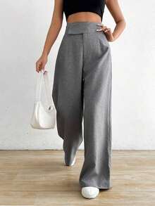 Pantalones de mujer casuales de cintura alta asimétricos con piernas anchas - Gris 2 - Ver 4