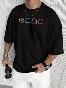 A Depiction Of  Eating And Colorful Ghosts Symbolizing The Challenges And Adventures In A Fun And Strategic Maze, A Tribute To Retro Video Games. Men's T-Shirt, 100% Cotton, Urban Fashion. - 黑色 - 查看 1