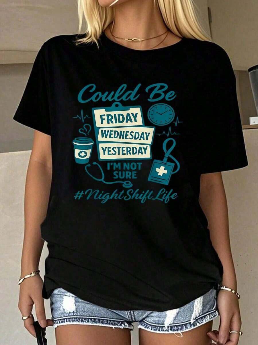 Camisetas gráficas de manga corta para mujer, divertidas camisetas de enfermería para el turno de noche, camisetas gráficas para la semana de la enfermera, camisetas de verano para mujer, camisetas de cuello redondo, ropa de mujer 100% algodón, conjuntos de ropa para mujer, ropa de otoño para mujer, camisetas negras, camisetas vintage. - Negro - Ver 1