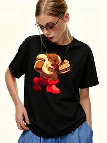 Women's Size 180g T-Shirt With Cartoon Character Print, Short Sleeve, Casual And Loose Style For Summer, Suitable For Family Gatherings, Office Team Building Gifts, 2024 Fashion - Unisex Cotton Loose Short Sleeve Round Neck Urban Vintage Style T-Shirt. - 黑色 - 查看 7