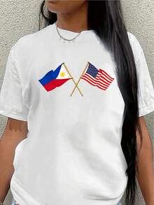 Camiseta de manga corta de poliéster, estampada con diseños de las banderas de Filipinas y Estados Unidos, ligera y duradera, adecuada para uso en casa, restaurante o como ropa casual para exteriores. - Blanco - Ver 1