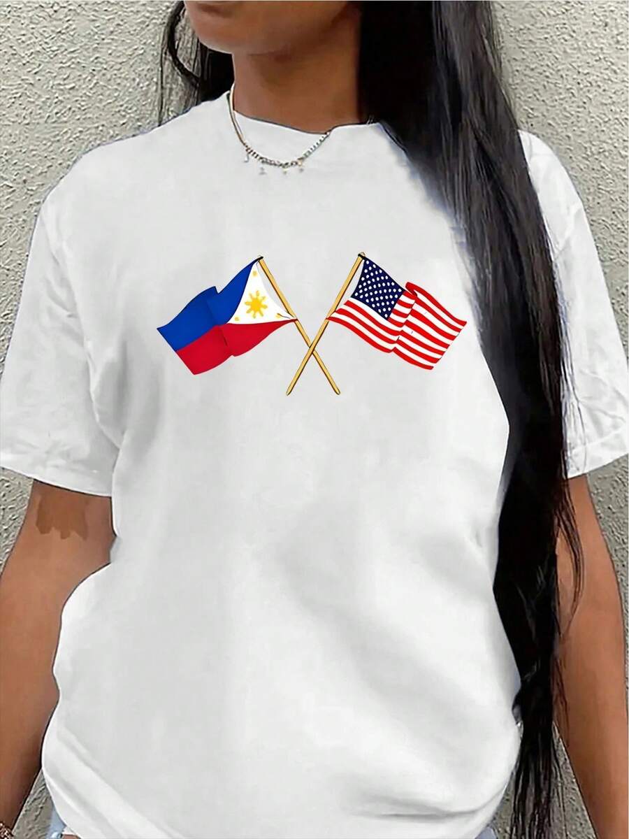 Camiseta de manga corta de poliéster, estampada con diseños de las banderas de Filipinas y Estados Unidos, ligera y duradera, adecuada para uso en casa, restaurante o como ropa casual para exteriores. - Blanco - Ver 1