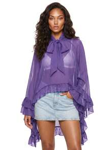 Women's Ruffled Tops Bow Tie Design Stylish Solid See Through Loose Fit V Neck Long Sleeve Blouses Perfect For Summer - Purple - View 4