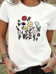 Women's White T-Shirt With Print Flclothesal Colclothesido Flclotheses Design For Spring And Summer Casual Clothing For Women Bohemian Style Soft Cotton T-Shirt For Hot Days - Vintage Street Style Unisex Loose Cotton Short Sleeve Crew Neck T-Shirt Suitable For Spring, Summer And Autumn - 白色 - 查看 2