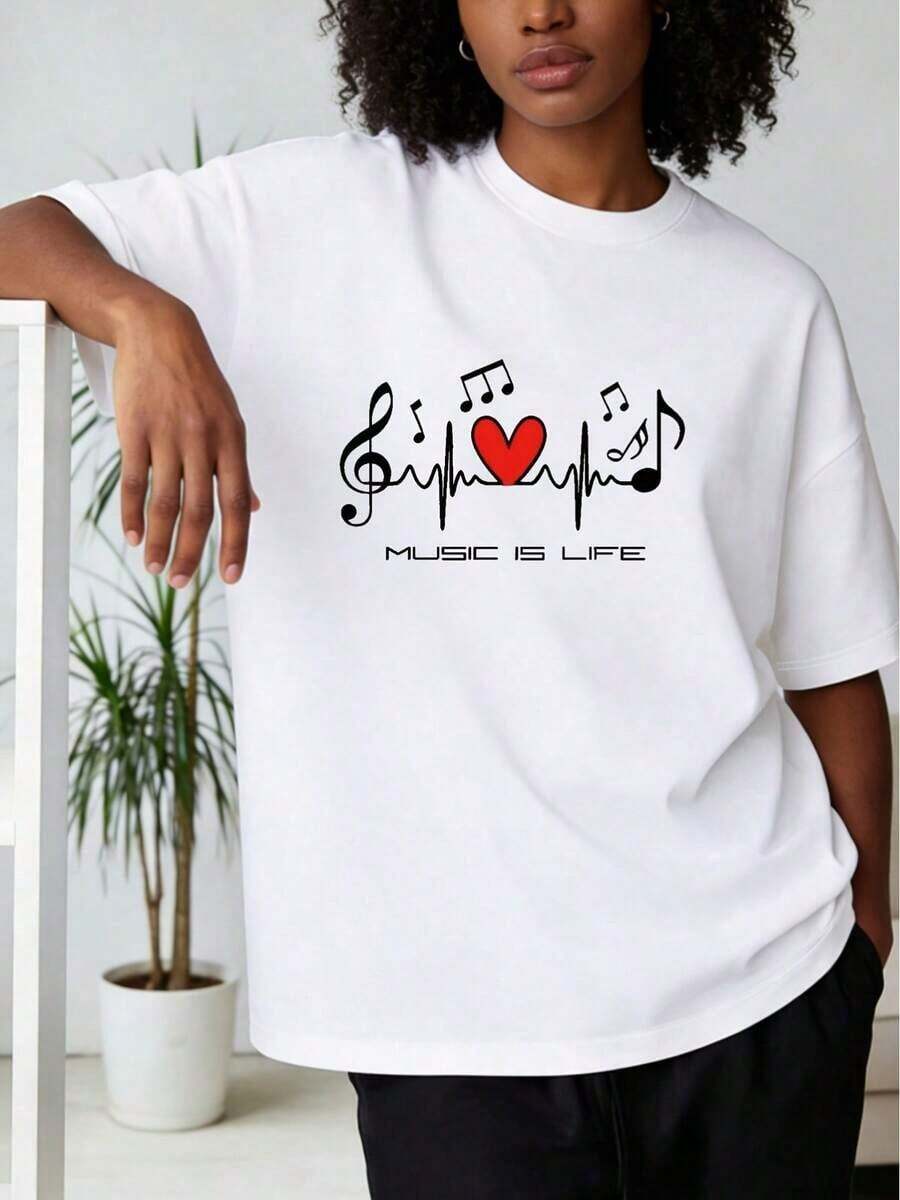 Conjuntos Casuales de Verano para Mujer: Camiseta de Mujer con la Frase 'LA MÚSICA ES VIDA' y Diseños de Corazones y Notas Musicales, Perfecta para Amantes de la Música. Esta camiseta blanca de manga corta y cuello redondo es adecuada para conjuntos de primavera, verano y otoño para mujeres, tops de verano, moda. - Blanco - Ver 1