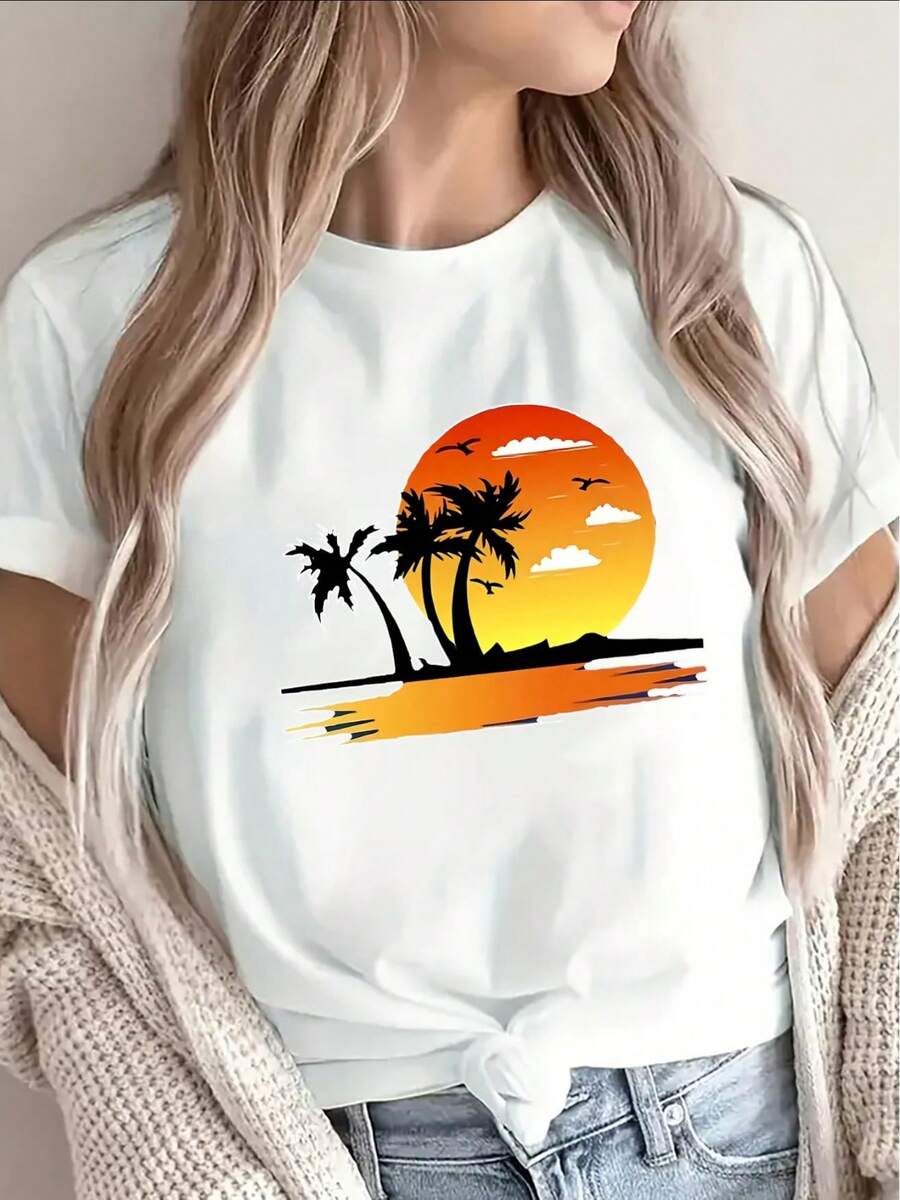 Camiseta de manga corta de poliéster de alta densidad, estampada con un vibrante diseño de palmeras al atardecer, ligera y duradera, adecuada para la playa, vacaciones o uso casual diario, perfecta para salidas de verano y actividades al aire libre. Éxito de . - Blanco - Ver 1