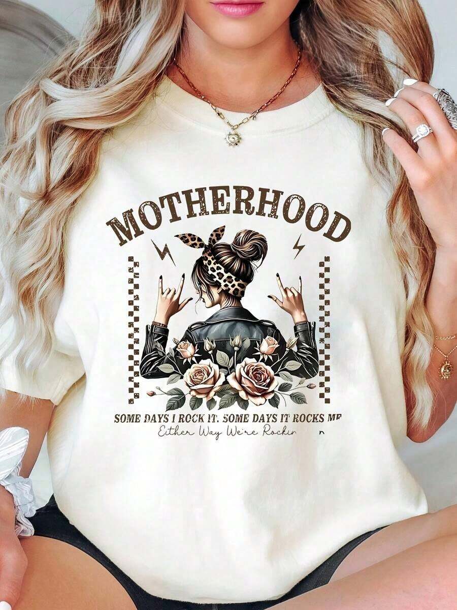 Camiseta de Maternidad para Mujer con Estampado de Diadema de Leopardo y Rosas: "Algunos Días Lo Hago Yo, Otros Días Me Siente a Mí. De Cualquier Forma Estamos Rockeando". Camiseta Gráfica para Mamás, Ropa Casual.blusa casual mujer - Blanco - Ver 1