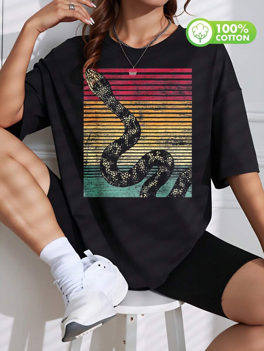 Una camiseta de manga corta para mujer, moderna, a la moda, retro, casual y holgada, adecuada para actividades al aire libre en primavera y verano, 1 camiseta colorida.|Unisex, divertido, diseño retro degradado con estampado de serpiente para estudiantes universitarios, camiseta de manga corta holgada y casual para mujer, ropa de casa, a la moda, adecuada para todas las estaciones.blusas para mujer,blusas casuales para dama,tops,, mujer premium,y2k,playeras de mujer curvy,ofertas y liquidaciones ropa mujer,playeras deportivas para mujer,,playeras de hombre, mujer,blusas>elegante ZDBO - Negro - Ver 1