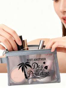Multi-Functional Mesh Makeup Bag With Coconut Tree Shell Pattern, Transparent Visible Travel Cosmetic Pouch, Beach Bag,Summer Bags,Travel Bag,Lightweight Breathable Zipper Storage Case, Small Organizer For Pencils, Coins - Multicolor - View 7