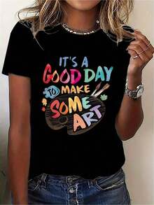 Camiseta única y original con diseño colorido y divertido que dice Es un buen día para hacer arte perfecta para artistas y amantes del arte ideal para el estilo y2k. Disponible en talla única para un look moderno y creativo. - Negro - Ver 1