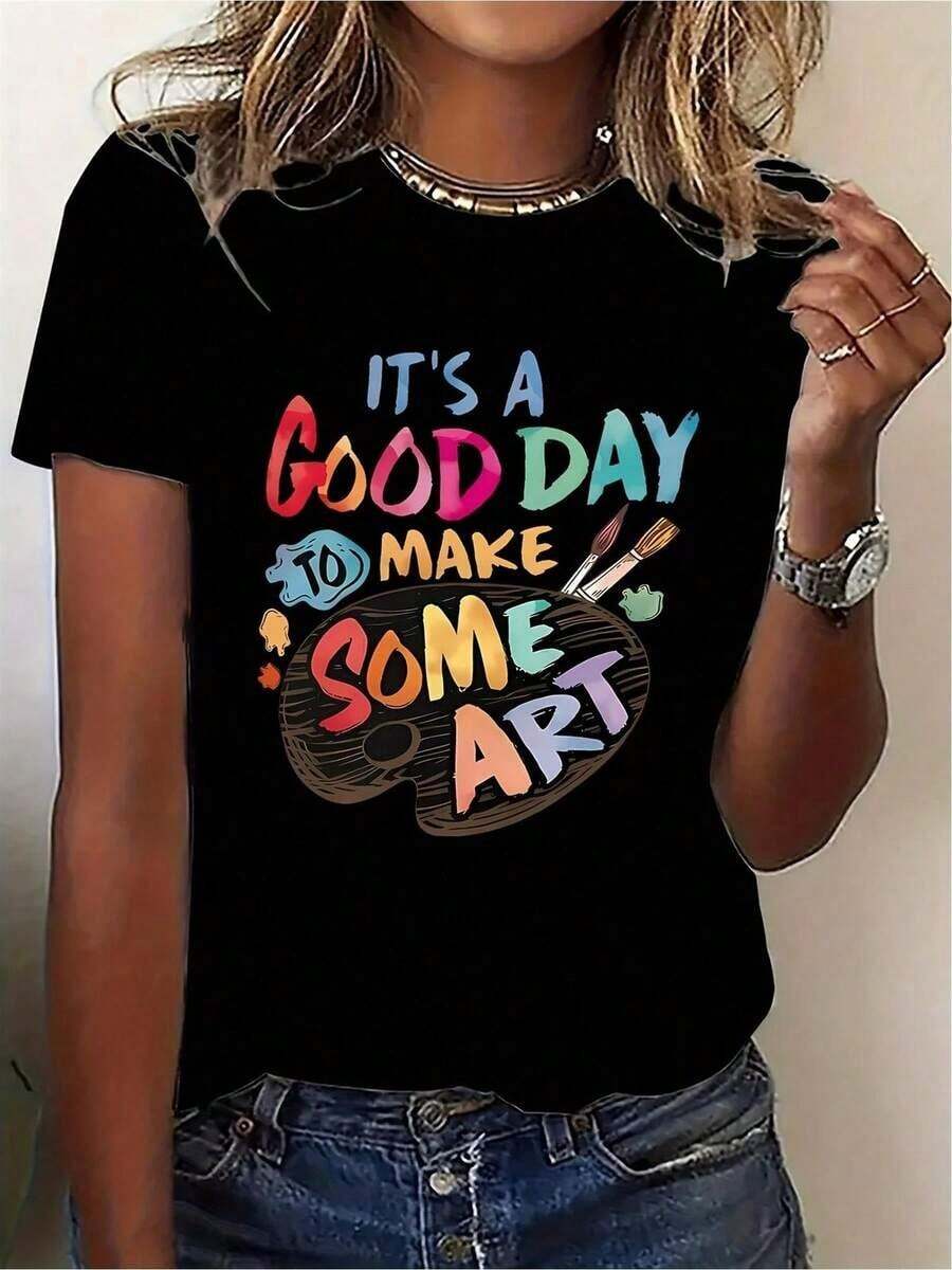 Camiseta única y original con diseño colorido y divertido que dice Es un buen día para hacer arte perfecta para artistas y amantes del arte ideal para el estilo y2k. Disponible en talla única para un look moderno y creativo. - Negro - Ver 1
