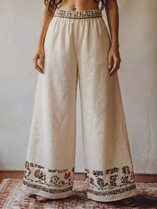 Pantalones sueltos y casuales con estampado bohemio, de tela cómoda, adecuados para la playa, el uso diario y el trabajo - Negro - Ver 6