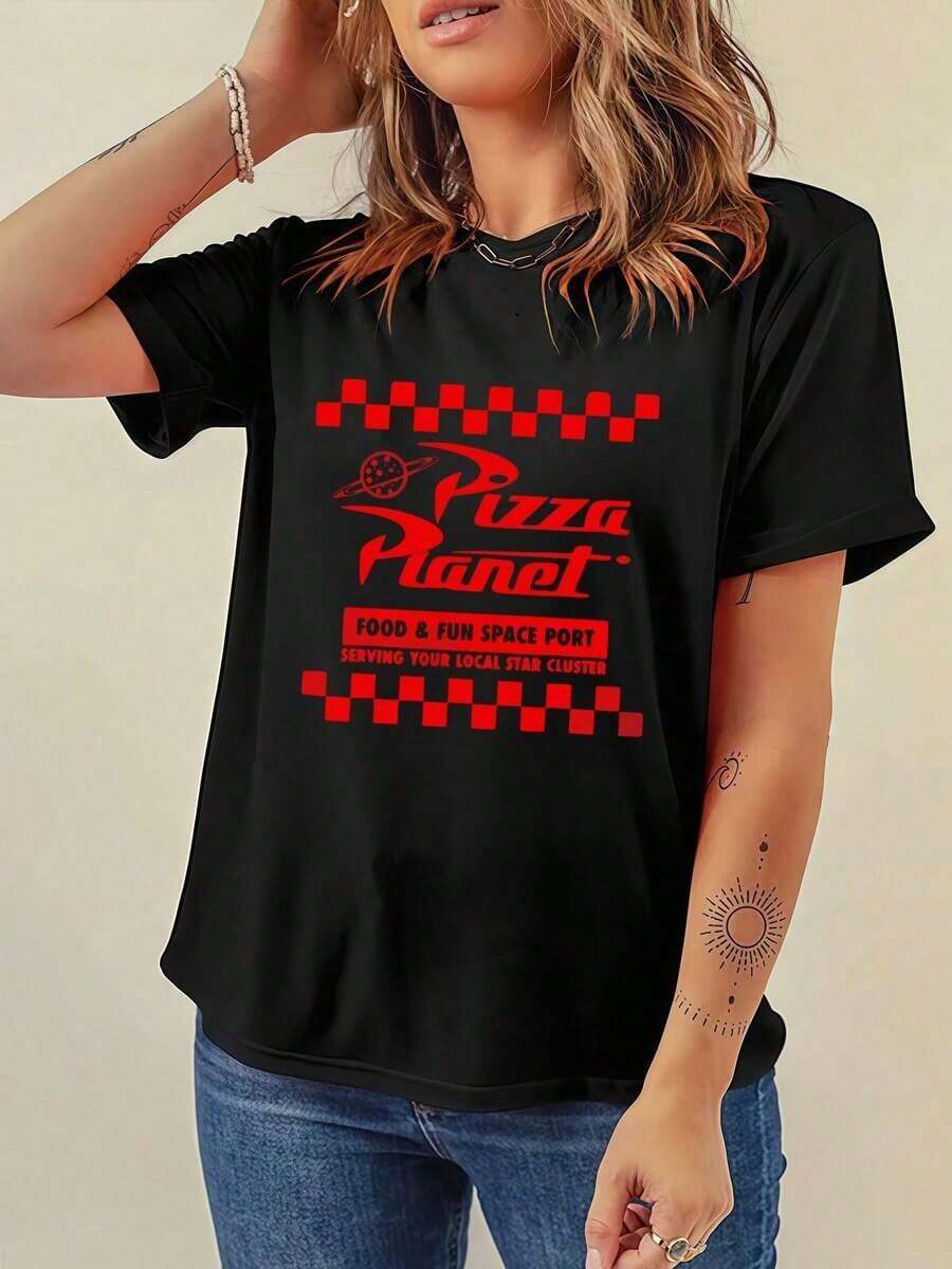 Camiseta Casual de Algodón Grueso de 180g para Mujer Payeah, con Estampado Digital de Pizza Planet, 100% Algodón (1 Pieza) - Negro - Ver 1