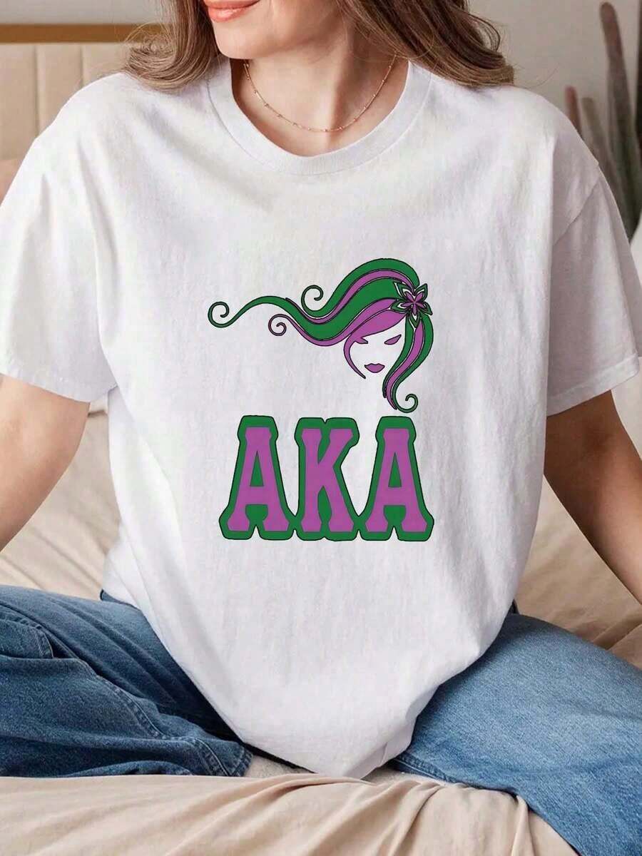 100% Pure Cotton, Unisex Women's T-Shirt With AKA Sorority Design And Colorful Hair Graphic, AKA Themed Crew Neck T-Shirt For College Events, Parties And Everyday Wear, Greek Letter Sister Clothing, Fashionable Everyday Gift. - 白色 - 查看 1