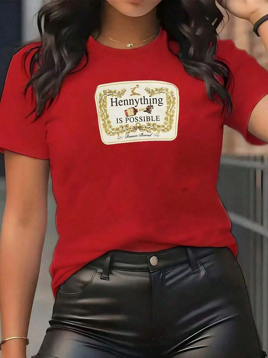 ComfortableEl estampado muestra una divertida frase inspiradora que combina humor confianza y energía positiva transmitiendo la idea de que todo es posible con una actitud alegre y decidida camisetas de mujer 100% algodón casual cómoda para uso diarioFashion All-match Women's Short Sleeve T-shirt, Basic Style for Inner & Outer Wear - Rojo - Ver 1