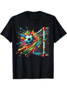 Camiseta de Fútbol para Hombres y Niños - Diseño Gráfico Dinámico de Balón de Fútbol y Portería, Camiseta de Cuello Redondo de Tela Suave y Transpirable para Entrenamientos de Fútbol, Partidos, Gimnasio - Ropa Deportiva para Todas las Temporadas para Jugadores y Aficionados - Negro - Ver 1