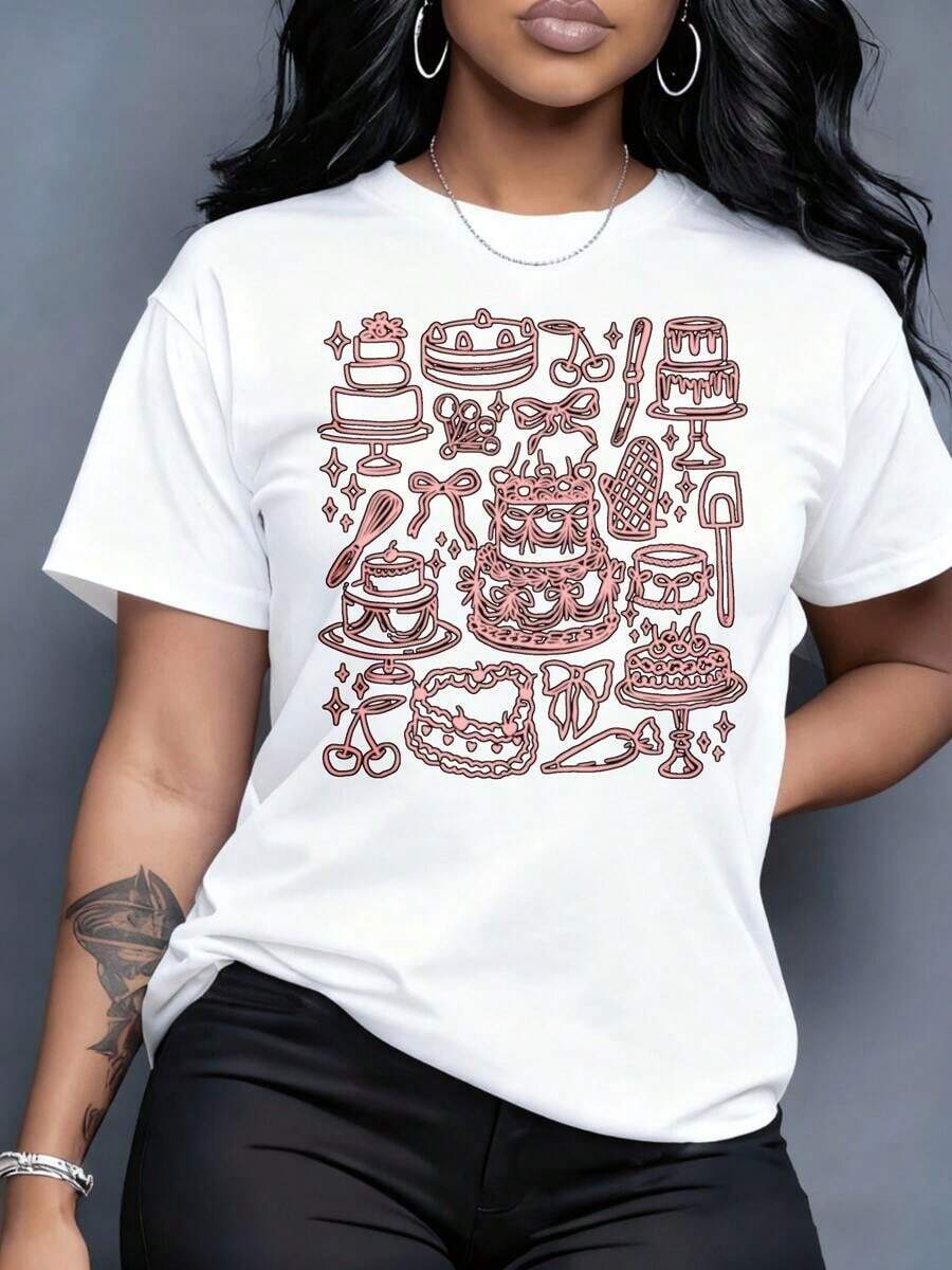 Women's Cotton T-Shirts, Cake Lover Graphic Tee, Casual Top For Women, Sweet Dessert Design, Pink Outline Print, Unisex Streetwear Style, 220g, For Leisure, Home, Outdoors, Valentine's Day Gift, Party, >Clothing - 白色 - 查看 1