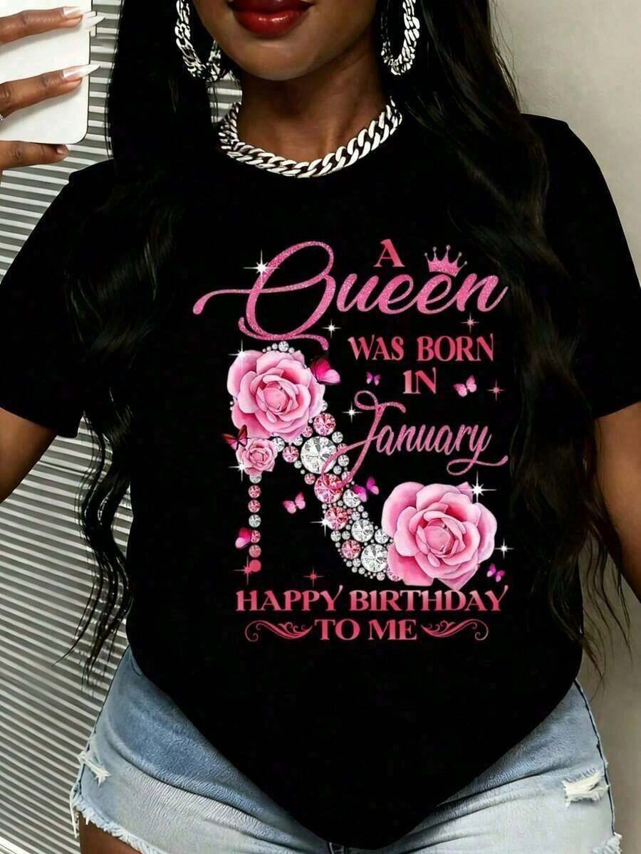 A Queen Was Born In January, Happy Birthday To Me, Pink Rose Crown T-Shirt For Women, Birthday Gift, New Casual T-Shirts For Men And Women, Short Sleeve Casual T-Shirts For Men And Women, Cool Summer Clothes For Women - 黑色 - 查看 1
