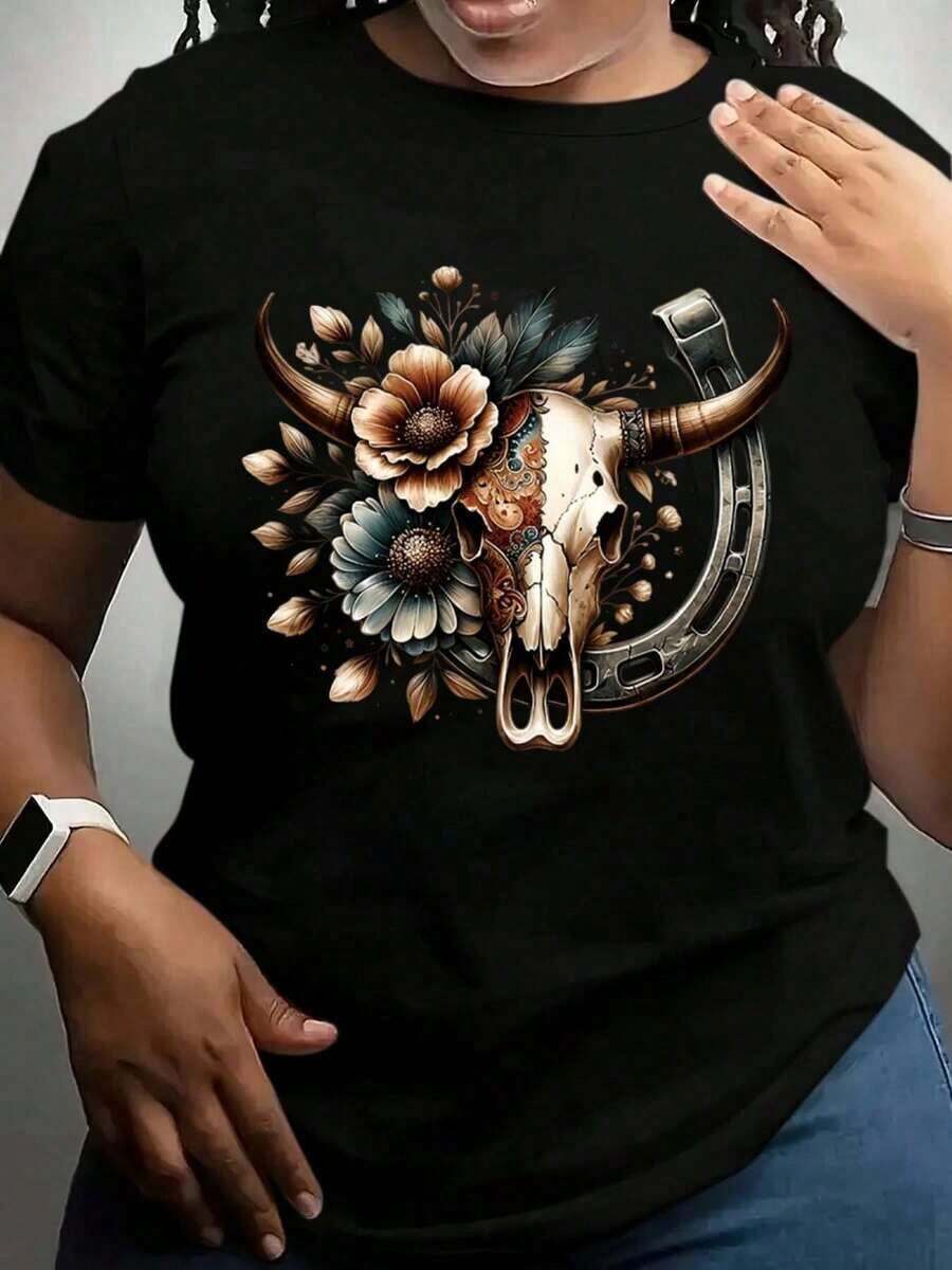 100% algodón, camiseta de mujer, camiseta de talla grande de manga corta para mujer, estampado de calavera de toro negro, flores y herradura, ropa casual. - Negro - Ver 1