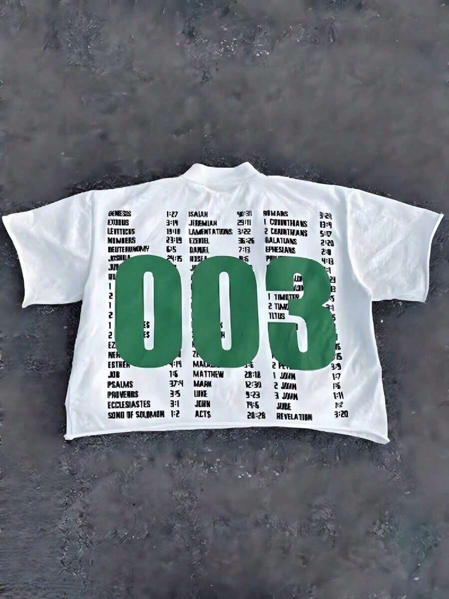 Camiseta con estampado de "Green 003" y capítulos de la Biblia, cuello redondo, manga corta, estampado moderno, 100% algodón, para Halloween. - Blanco - Ver 1