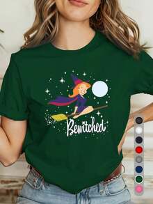 Women's T-Shirt With Magic Witch's Broom, Moon, And Starry Sky Design - 100% Soft, Crew Neck, Short Sleeve, Casual Top For Halloween And Everyday Wear, Purple Lettering And Magical Night Sky Design, Machine Washable For All-Season Comfort. ZHDI - 綠色 - 查看 5