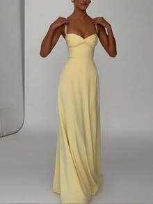 Vestido de Fiesta Tirantes Liso Primavera Elegante Sensual Estilo Europeo para Ocasiones Formales Mujer - Amarillo - Ver 3