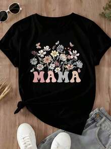Camiseta Casual para Mujer con Estampado Floral y de Mariposas para el Día de la Madre y Uso Diario - Negro - Ver 2