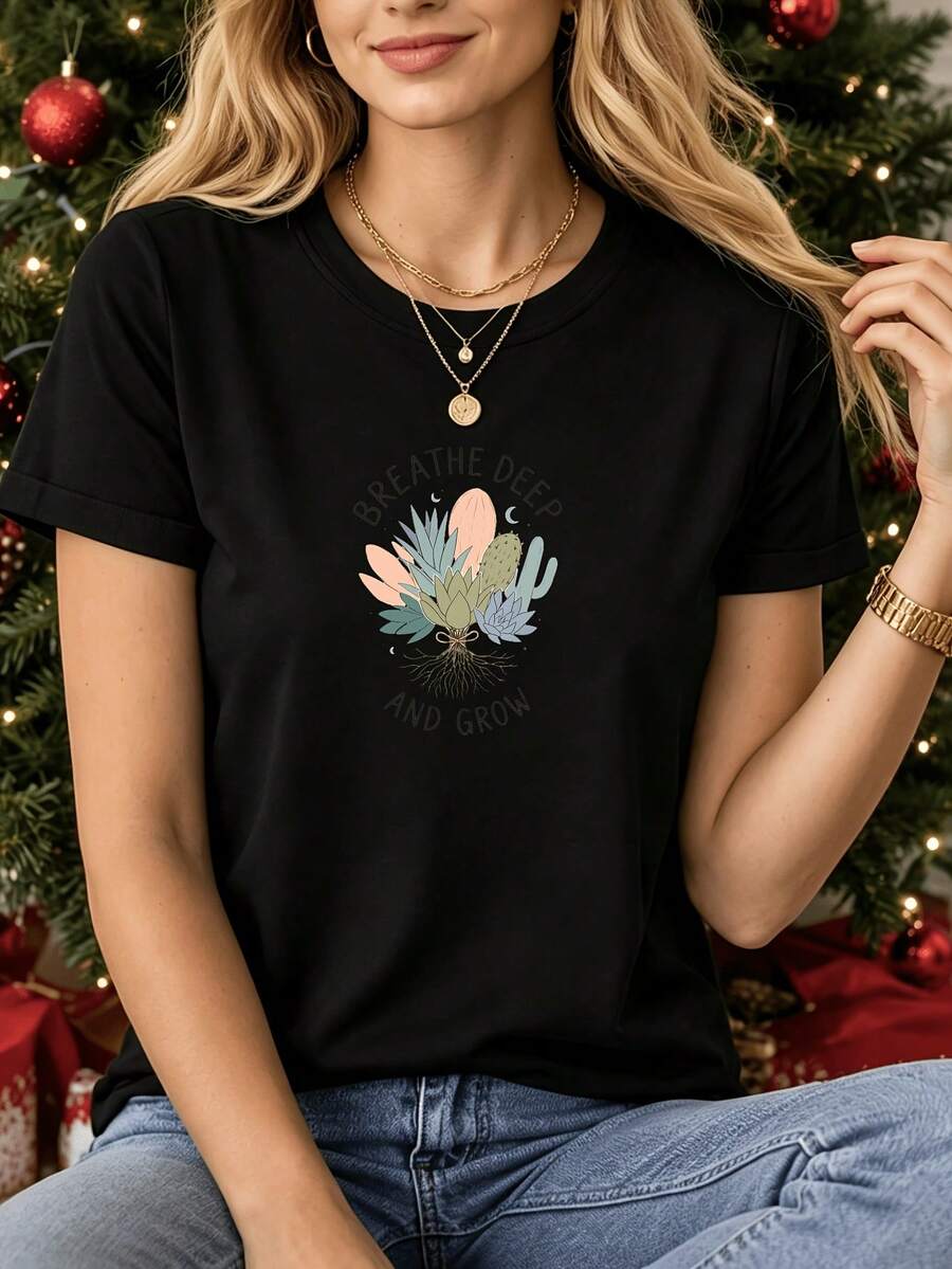 Camiseta Premium para Mujer, Estilo Bohemio, Ropa Casual, Adecuada para Amantes de la Naturaleza en Primavera y Verano. Ecológica. - Negro - Ver 1