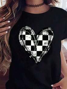 short sleevesropa de mujer Camisetas elegantes y blancas con estampado de corazón cuadrado, de algodón suave, elegantes, casuales, de manga corta y cuello redondo, camisas de mujerLeisure - Negro - Ver 1