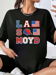 L A S M O Y D Diseño de Gorra de Béisbol con Bandera Americana, Camiseta Oversize para Mujer, Top Casual de Moda, Camiseta Gráfica Streetwear, Playera Holgada para Mujer - Negro - Ver 1