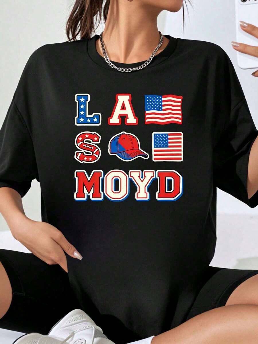 L A S M O Y D Diseño de Gorra de Béisbol con Bandera Americana, Camiseta Oversize para Mujer, Top Casual de Moda, Camiseta Gráfica Streetwear, Playera Holgada para Mujer - Negro - Ver 1