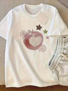 Camiseta de manga corta con estampado gráfico vintage minimalista moderno, estilo veraniego nuevo, con estampado de manzana pequeña, casual, de manga corta, la elección perfecta para la moda femenina de verano, adecuada para uso diario informal, tops para mujer, conjuntos de vacaciones para mujer, lavable a máquina. Un regalo para familiares, hermanos, amigos, padres o maestros. 06-Camiseta de manga corta para mujer, casual para el día a día. - Blanco - Ver 1