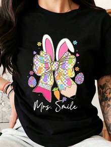 Mrs Smile Women's Easter Bunny Bow T-Shirt, Spring Festival Gift, Bunny Ears Design, Colorful Egg And Carrot Print, Easter Celebration Top, Loose Fit Women's T-Shirt - 黑色 - 查看 7
